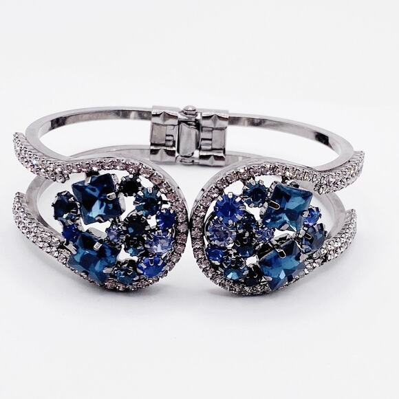 Retro Blue Rhinestones Floral Cuff Bracelet Gunmetal Tone - Picture 1 of 5